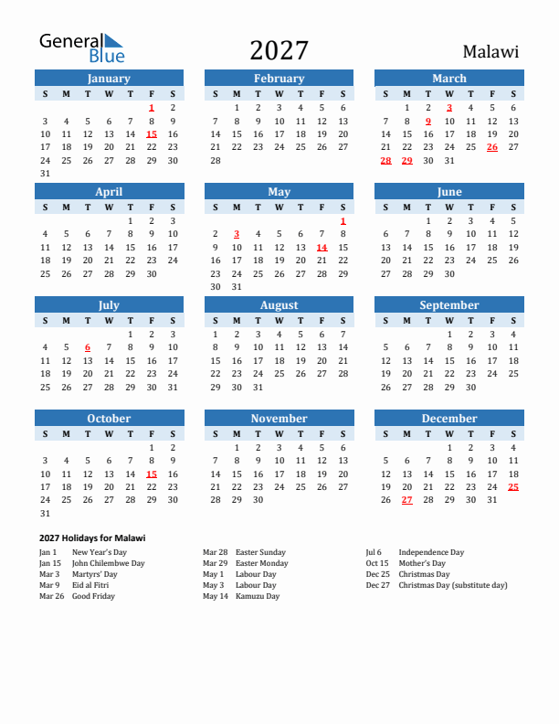 Printable Calendar 2027 with Malawi Holidays (Sunday Start)