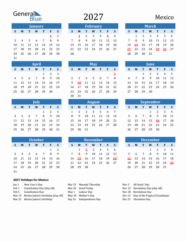 Printable Calendar 2027 with Mexico Holidays (Sunday Start)