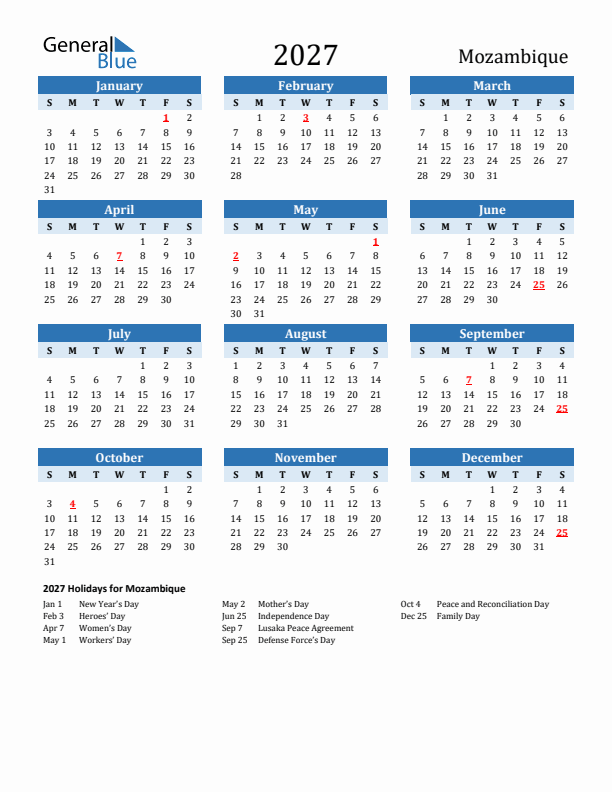 Printable Calendar 2027 with Mozambique Holidays (Sunday Start)