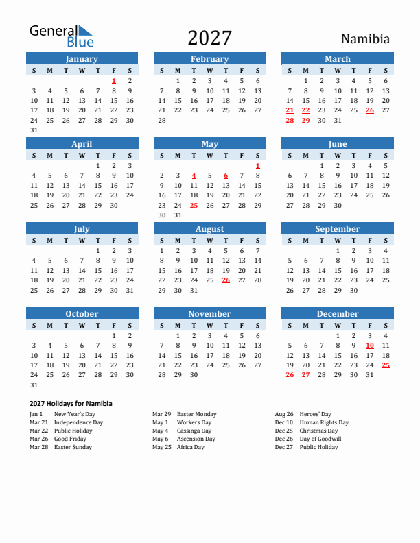 Printable Calendar 2027 with Namibia Holidays (Sunday Start)