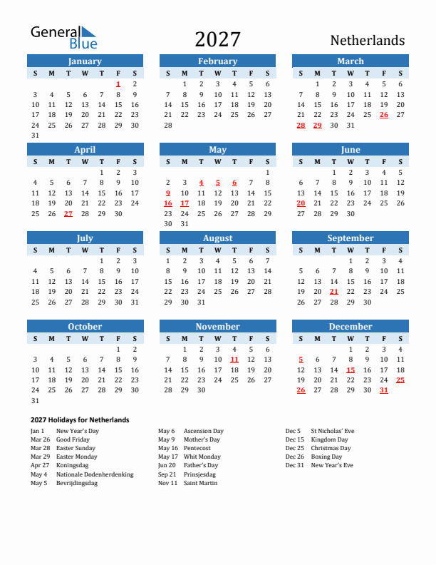 Printable Calendar 2027 with The Netherlands Holidays (Sunday Start)