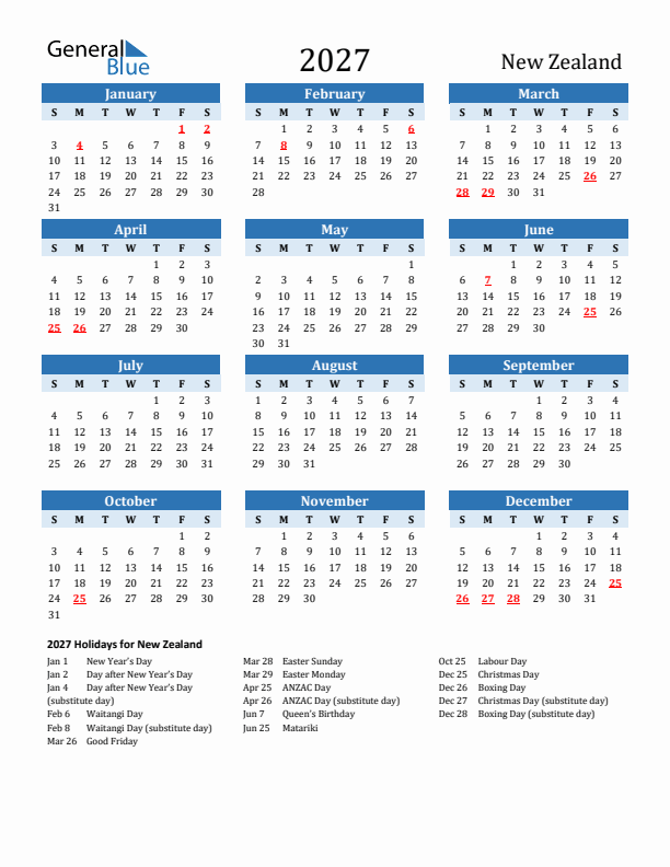 Printable Calendar 2027 with New Zealand Holidays (Sunday Start)