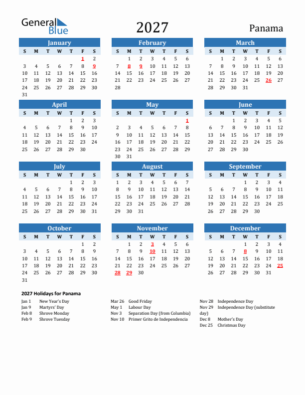 Printable Calendar 2027 with Panama Holidays (Sunday Start)