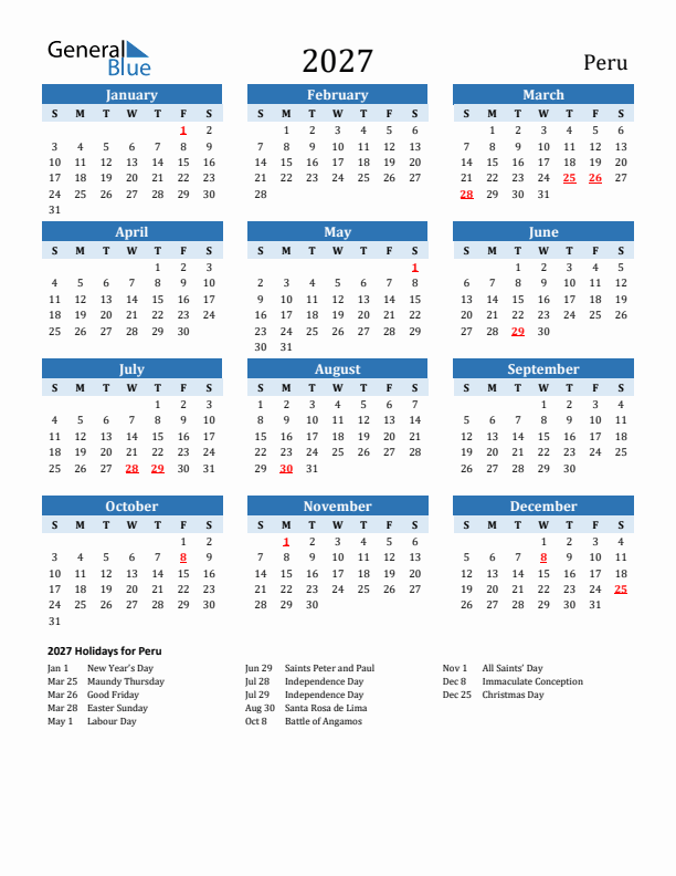 Printable Calendar 2027 with Peru Holidays (Sunday Start)