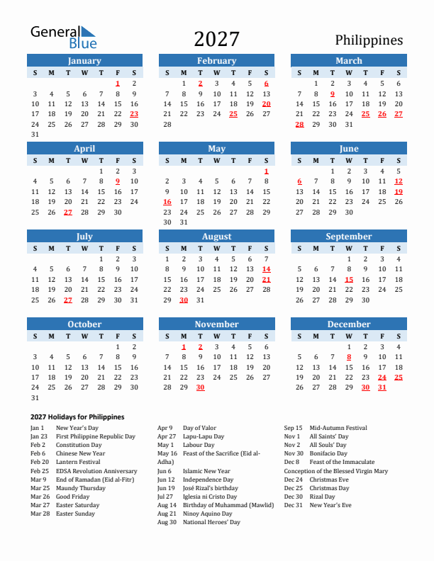 Printable Calendar 2027 with Philippines Holidays (Sunday Start)