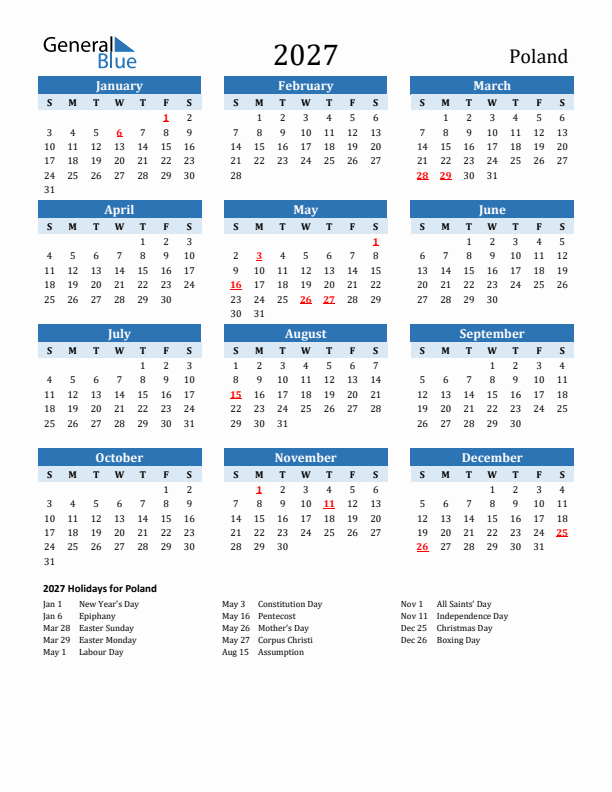 Printable Calendar 2027 with Poland Holidays (Sunday Start)