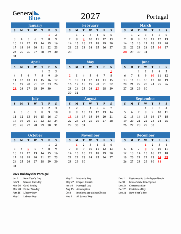Printable Calendar 2027 with Portugal Holidays (Sunday Start)