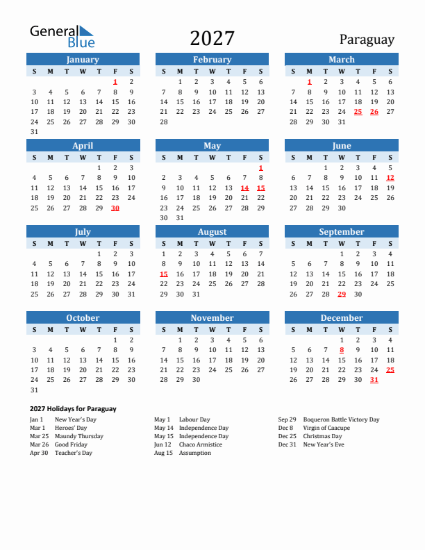 Printable Calendar 2027 with Paraguay Holidays (Sunday Start)
