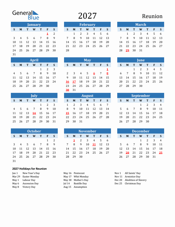 Printable Calendar 2027 with Reunion Holidays (Sunday Start)