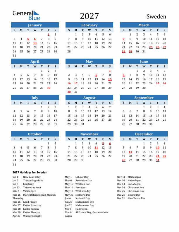 Printable Calendar 2027 with Sweden Holidays (Sunday Start)