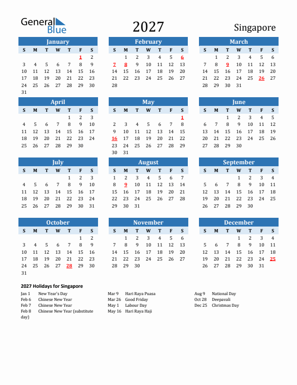 Printable Calendar 2027 with Singapore Holidays (Sunday Start)