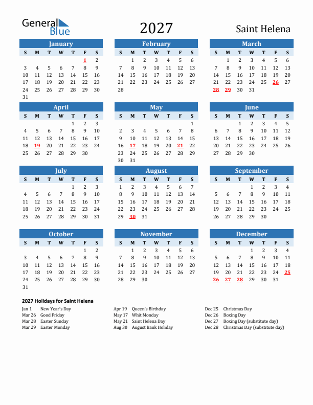 Printable Calendar 2027 with Saint Helena Holidays (Sunday Start)