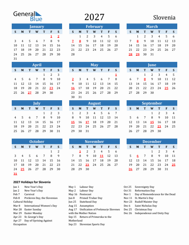 Printable Calendar 2027 with Slovenia Holidays (Sunday Start)