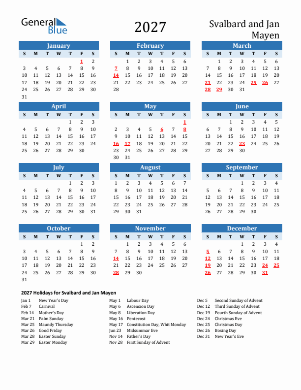 Printable Calendar 2027 with Svalbard and Jan Mayen Holidays (Sunday Start)