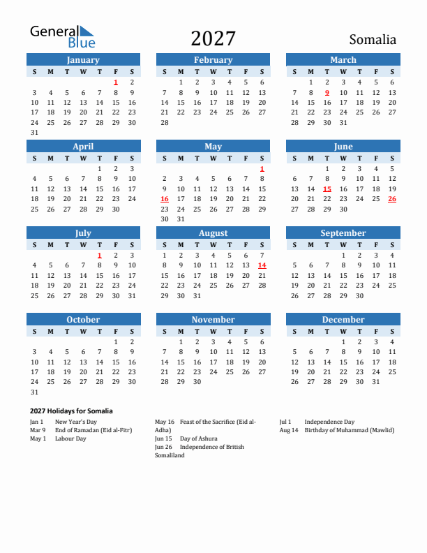 Printable Calendar 2027 with Somalia Holidays (Sunday Start)