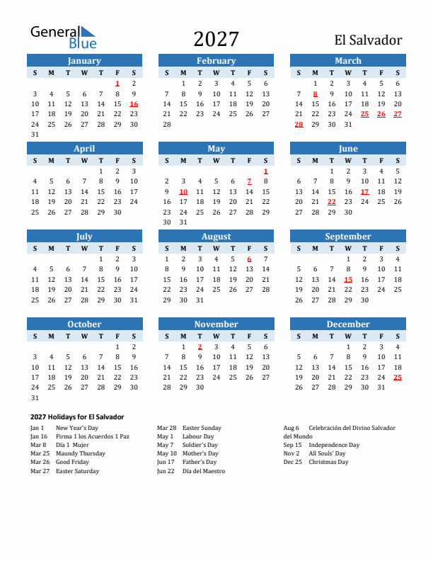 Printable Calendar 2027 with El Salvador Holidays (Sunday Start)