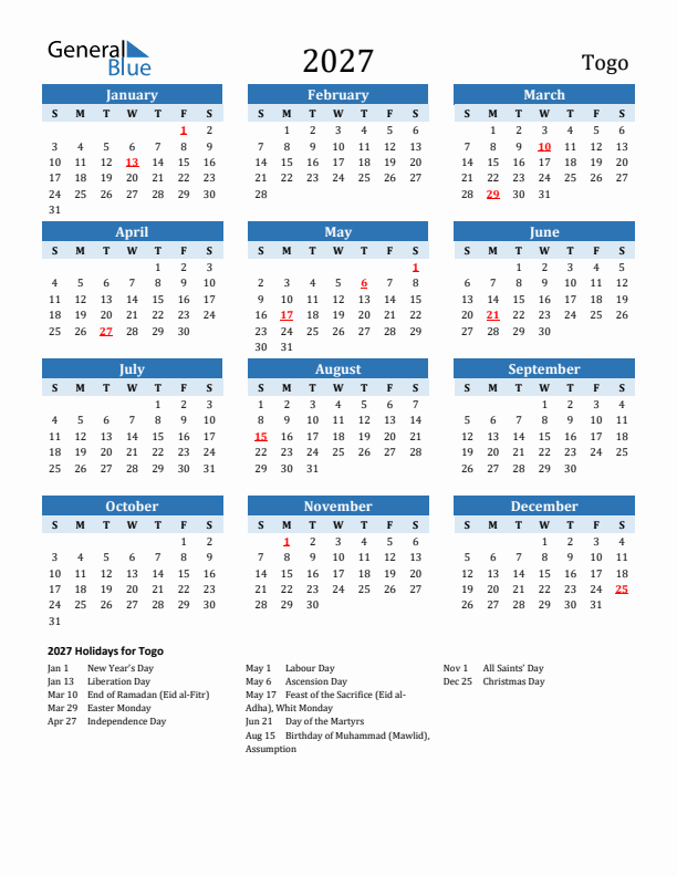 Printable Calendar 2027 with Togo Holidays (Sunday Start)