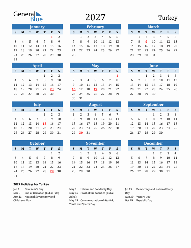 Printable Calendar 2027 with Turkey Holidays (Sunday Start)