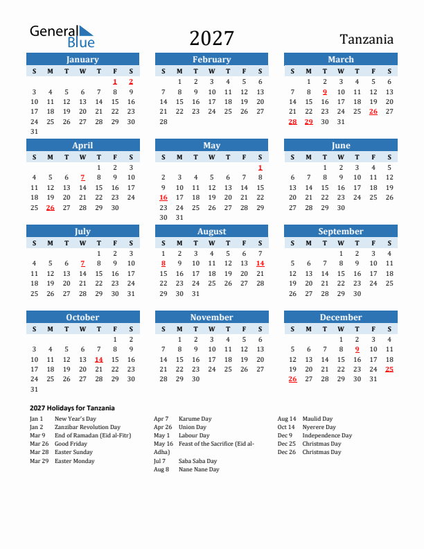 Printable Calendar 2027 with Tanzania Holidays (Sunday Start)