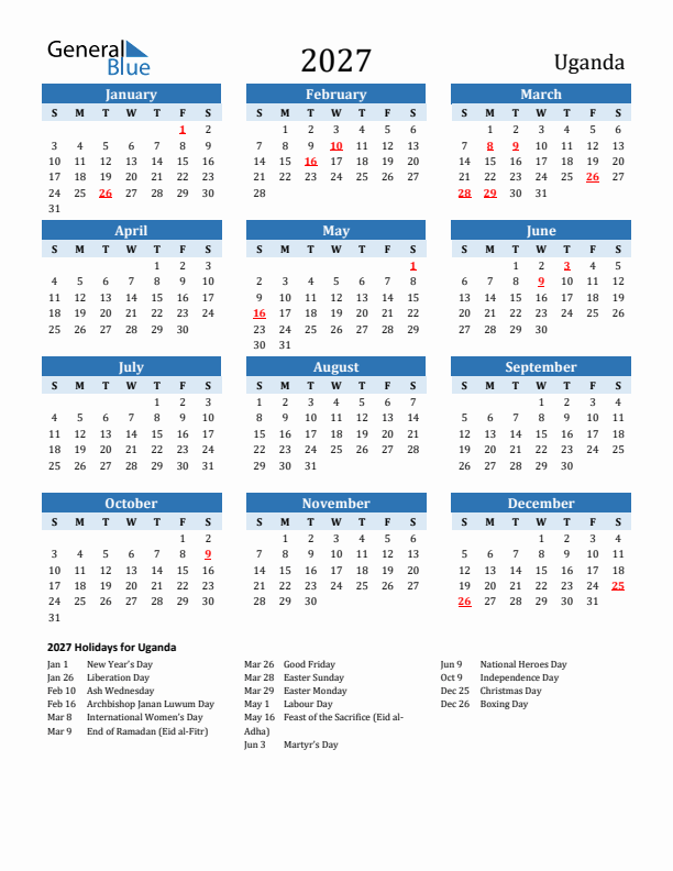 Printable Calendar 2027 with Uganda Holidays (Sunday Start)