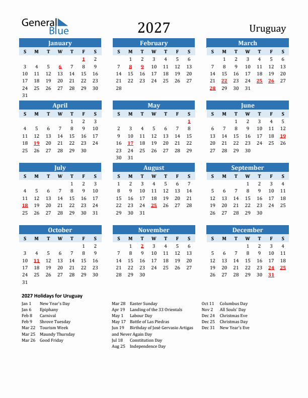 Printable Calendar 2027 with Uruguay Holidays (Sunday Start)