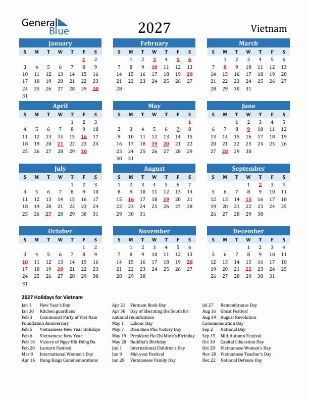 Printable Calendar 2027 with Vietnam Holidays (Sunday Start)