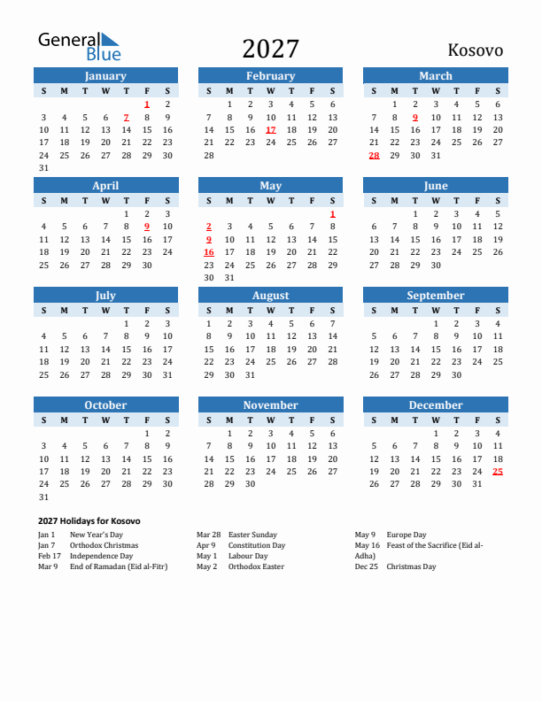 Printable Calendar 2027 with Kosovo Holidays (Sunday Start)