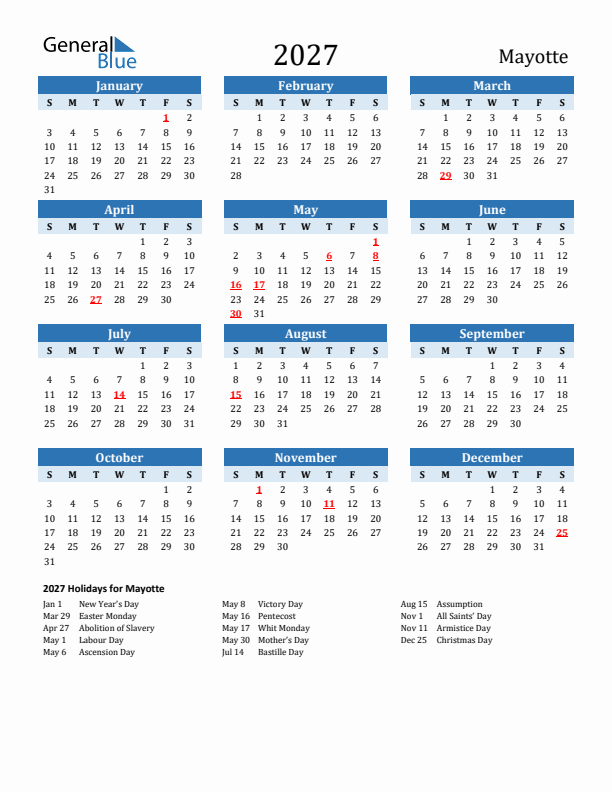 Printable Calendar 2027 with Mayotte Holidays (Sunday Start)