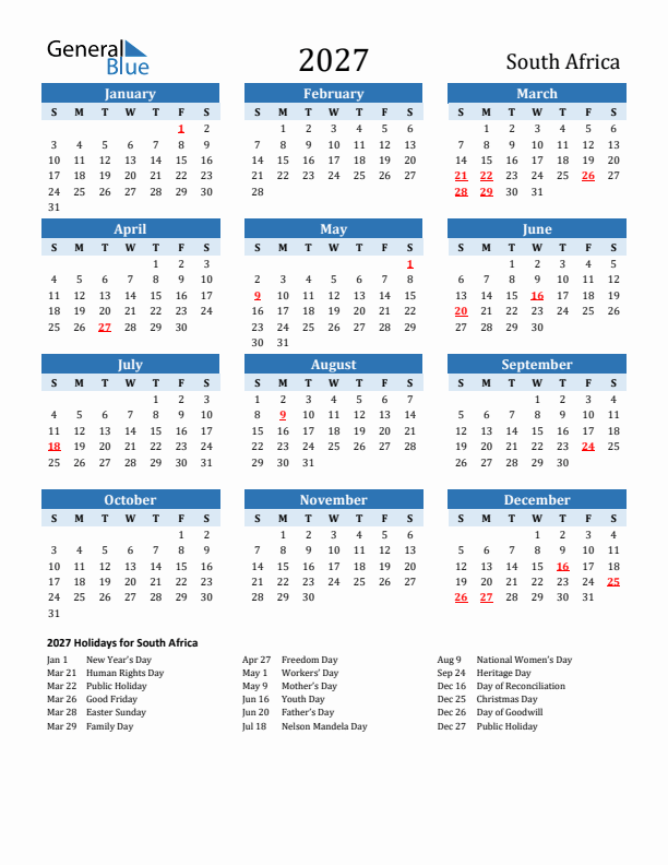 Printable Calendar 2027 with South Africa Holidays (Sunday Start)