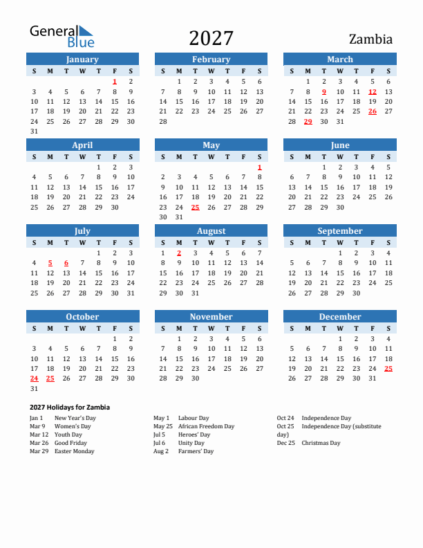Printable Calendar 2027 with Zambia Holidays (Sunday Start)