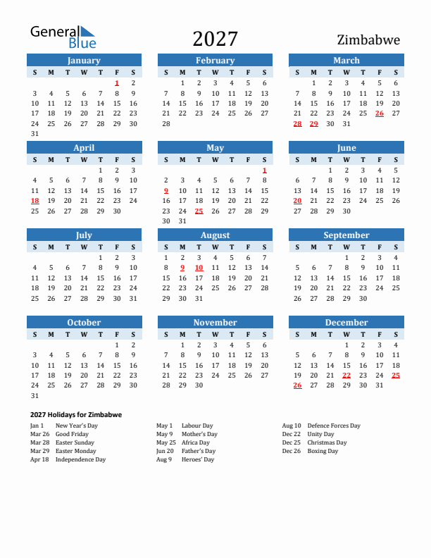 Printable Calendar 2027 with Zimbabwe Holidays (Sunday Start)