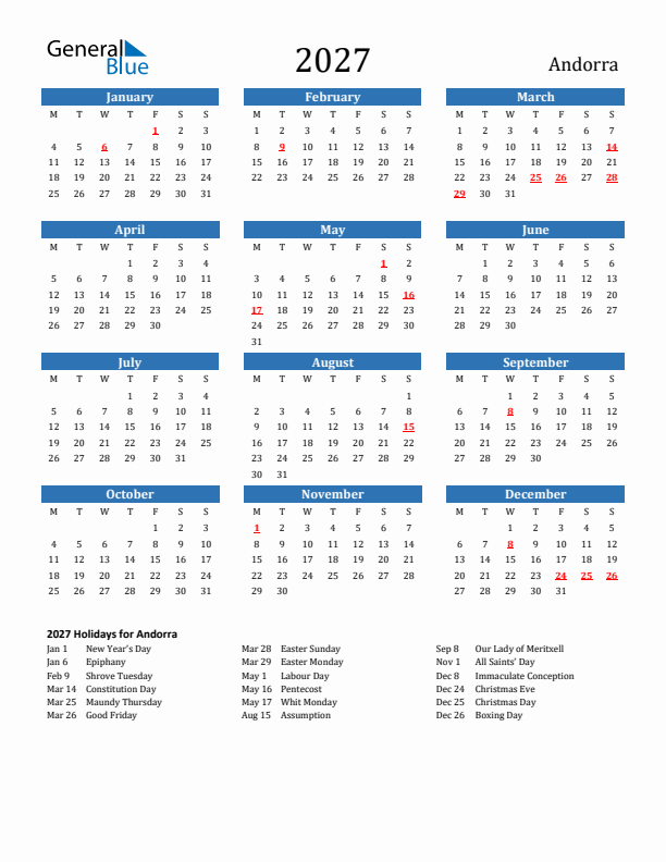 Andorra 2027 Calendar with Holidays