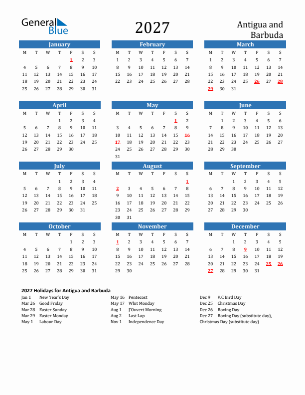 Antigua and Barbuda 2027 Calendar with Holidays