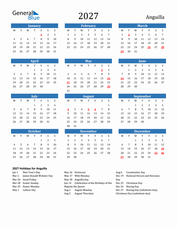Anguilla 2027 Calendar with Holidays