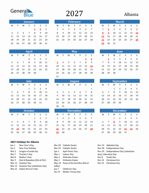 Albania 2027 Calendar with Holidays