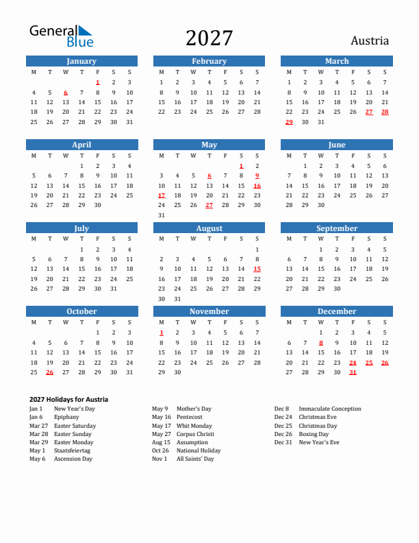 Austria 2027 Calendar with Holidays
