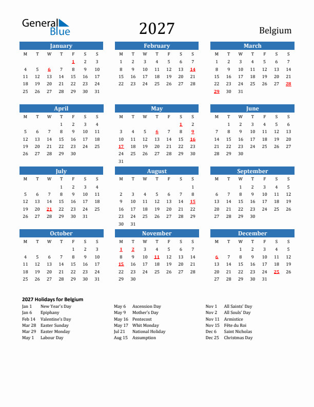 Belgium 2027 Calendar with Holidays
