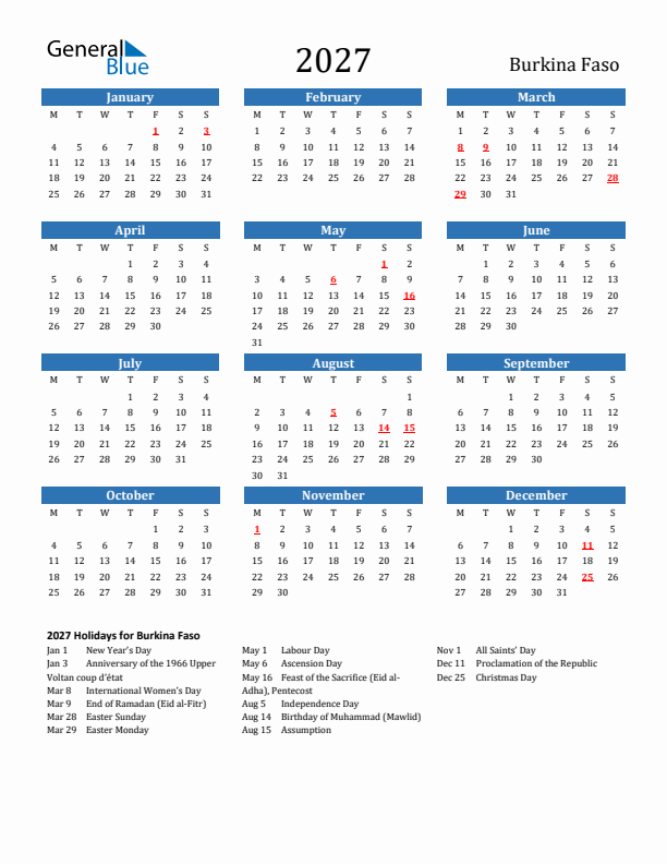 Burkina Faso 2027 Calendar with Holidays