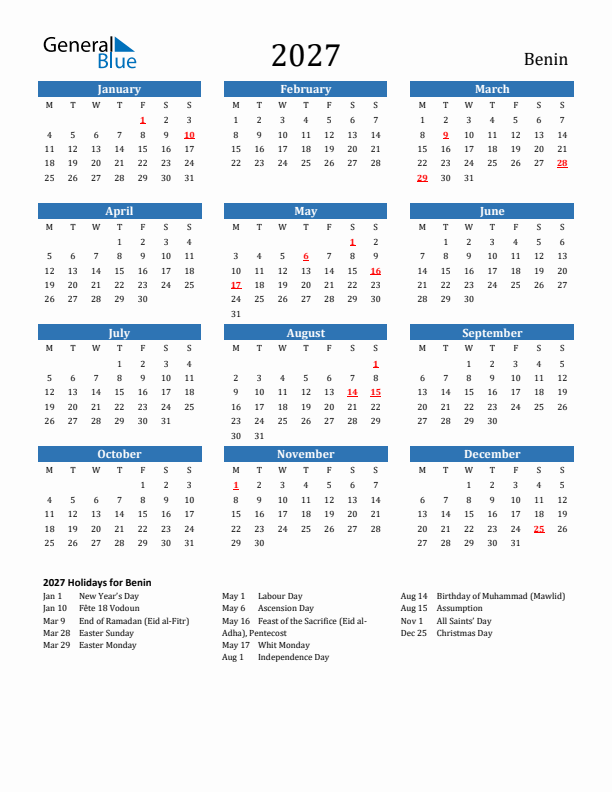 Benin 2027 Calendar with Holidays