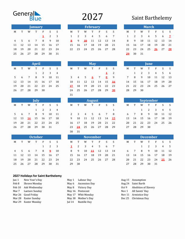Saint Barthelemy 2027 Calendar with Holidays
