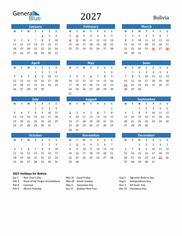 Bolivia 2027 Calendar with Holidays