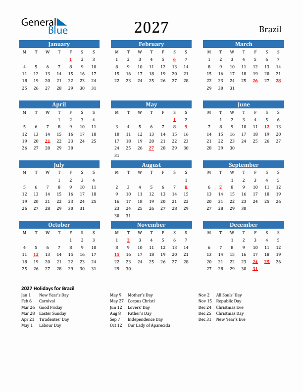 Brazil 2027 Calendar with Holidays