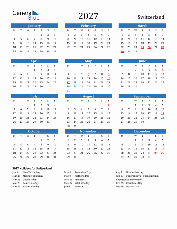 Switzerland 2027 Calendar with Holidays
