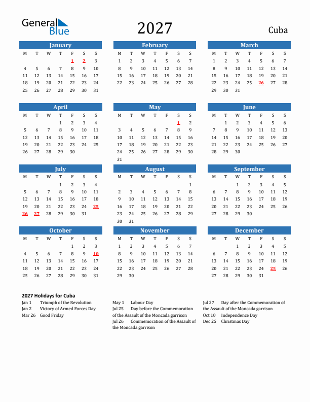 Cuba 2027 Calendar with Holidays