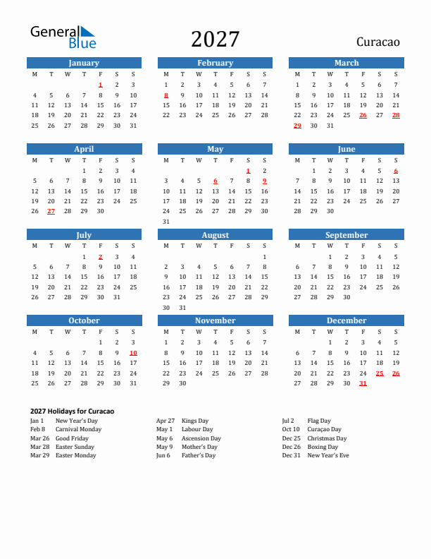 Curacao 2027 Calendar with Holidays