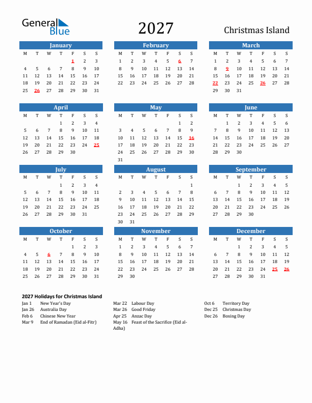 Christmas Island 2027 Calendar with Holidays