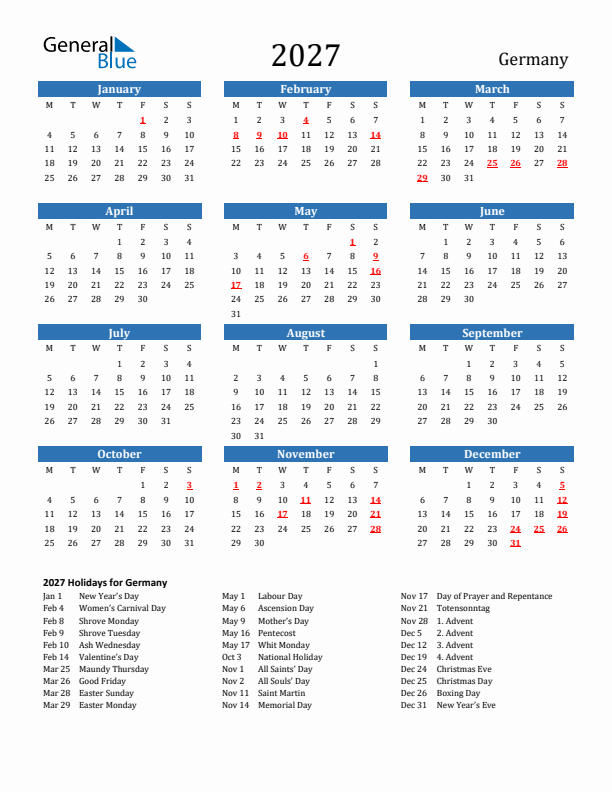 2027 Germany Calendar with Holidays