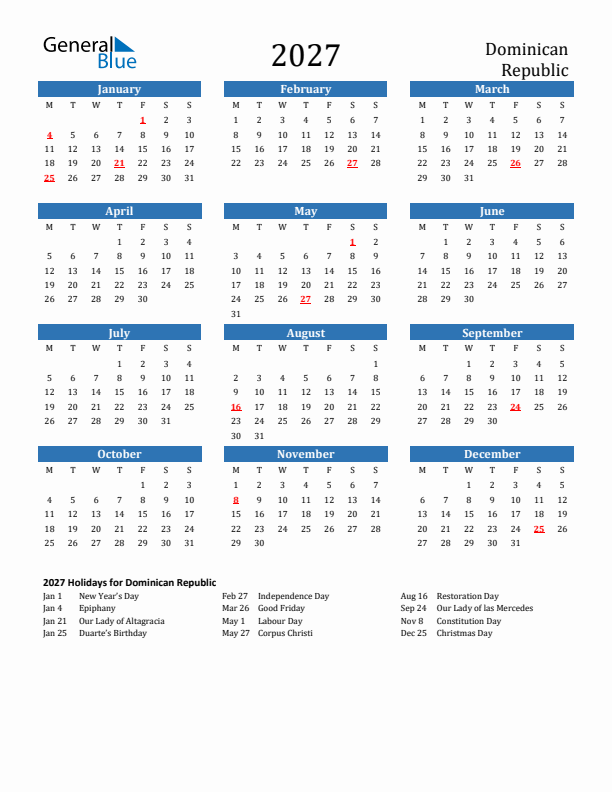 Dominican Republic 2027 Calendar with Holidays