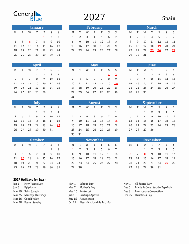 Spain 2027 Calendar with Holidays