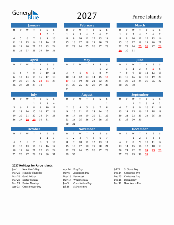 Faroe Islands 2027 Calendar with Holidays